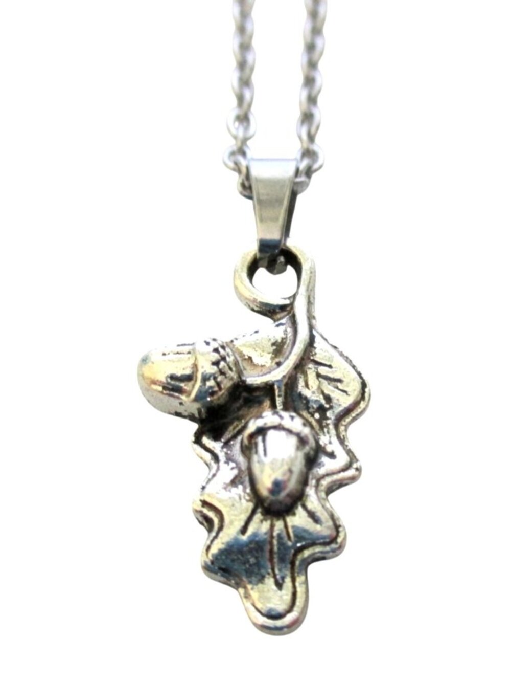 New Acorn on Oak Leaf Pendant Necklace with 18" Stainless Chain Nature Jewelry